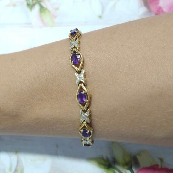 Avon RJ Sterling Silver 925 Tennis Bracelet 14k Gold Vermeil Amethyst CZ Signed - Picture 1 of 13